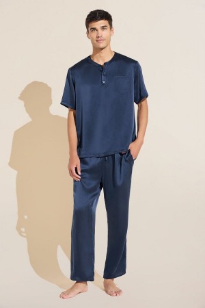 Eberjey Charles Washable Silk Short Sleeve & Pant PJ Set Men Pajamas Navy | ERW9238DW