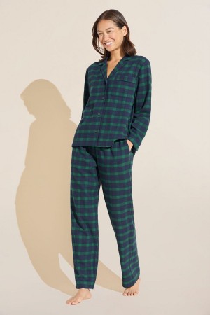 Eberjey Flannel Long PJ Set Women Pajamas Navy Green | HKX8551JT