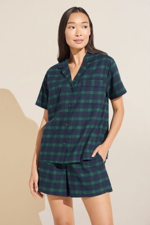 Eberjey Flannel Short PJ Set Women Pajamas Navy Green | NBH5995EV