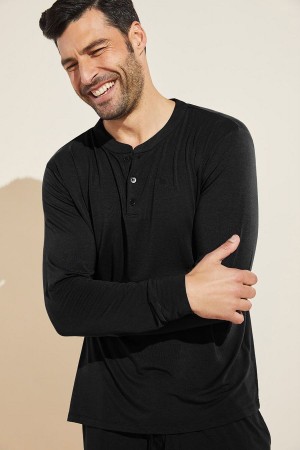 Eberjey Henry TENCEL™ Modal Long Sleeve Henley Men Tops Black | SQG5717UG