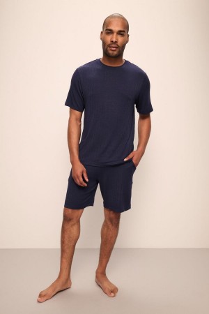 Eberjey Henry TENCEL™ Modal Rib Short PJ Set Men Pajamas Navy | KCF5928TA