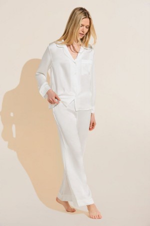 Eberjey Inez Textured Washable Silk Long PJ Set Women Pajamas White | AMD8060CV