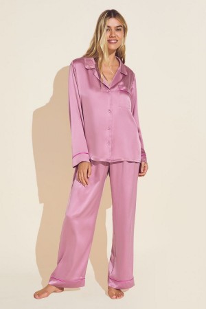 Eberjey Inez Washable Silk Long PJ Set Women Pajamas Italian Rose Pink | VFQ1244GY