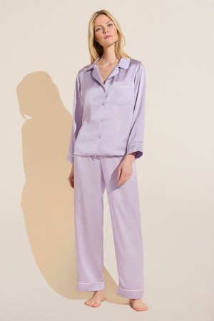 Eberjey Inez Washable Silk Long PJ Set Women Pajamas Purple White | OUT5745MJ