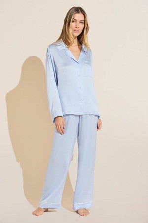 Eberjey Inez Washable Silk Long PJ Set Women Pajamas Blue | NCC7751GX