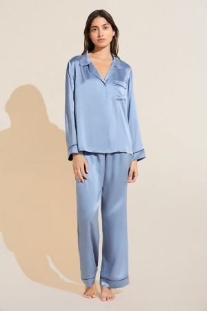 Eberjey Inez Washable Silk Long PJ Set Women Pajamas Blue Navy | QTD6165IK