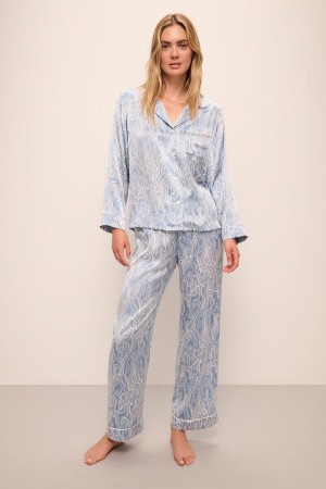 Eberjey Inez Washable Silk Printed Long PJ Set Women Pajamas Blue White | BWK8149ZO