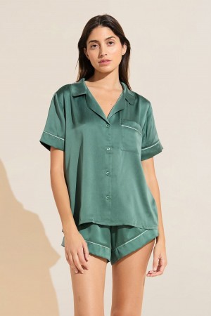 Eberjey Inez Washable Silk Short PJ Set Women Pajamas Dark Green | ZNH517UY