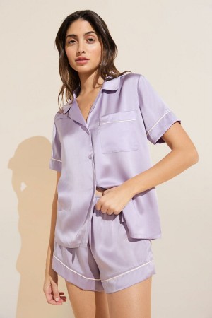 Eberjey Inez Washable Silk Short PJ Set Women Pajamas Purple White | BYK4995EM