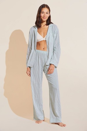 Eberjey Nautico Long PJ Set Women Pajamas White Green | PVS6637ON