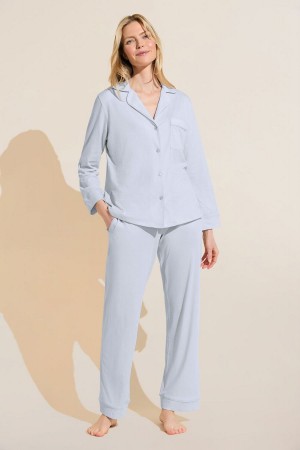 Eberjey Organic Pima Cotton Notch Collar Top & Pant PJ Set Women Pajamas Blue | SYD9094VX