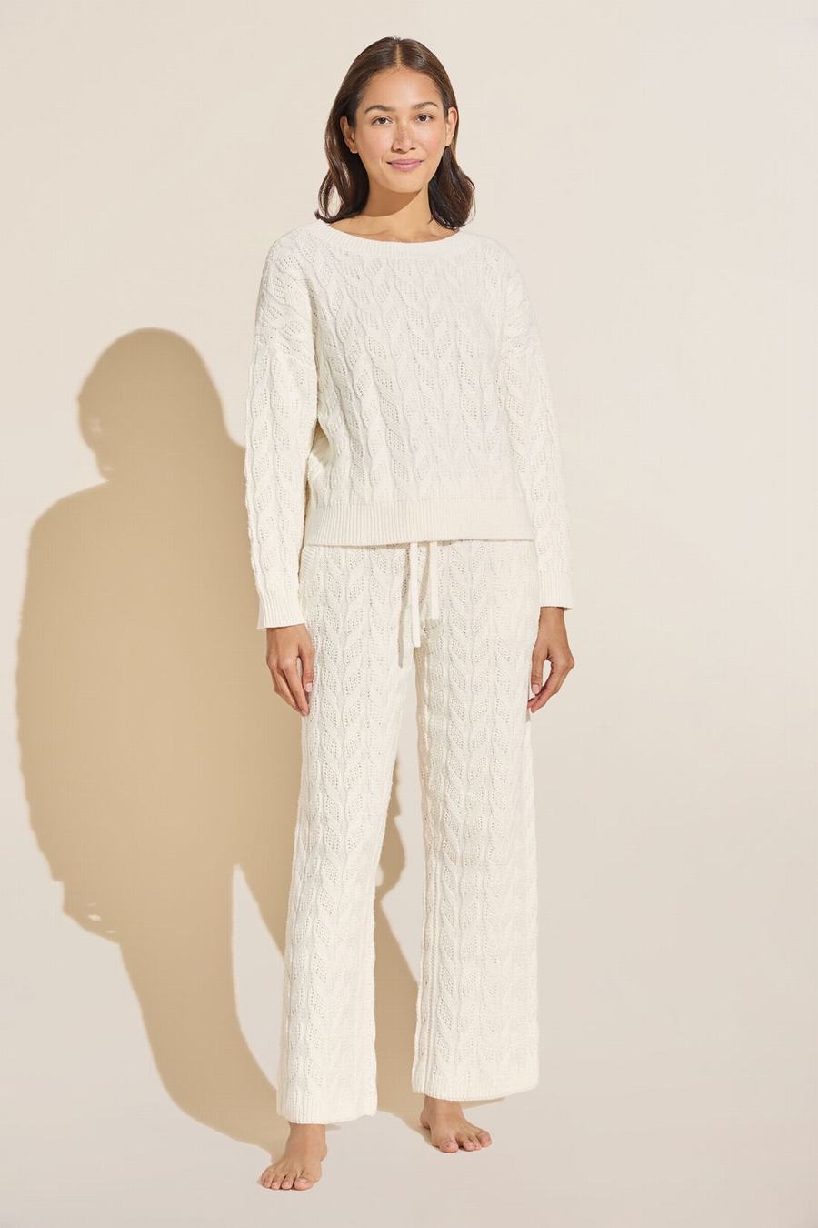 Eberjey Cable Knit Recycled Sweater Straight Leg Women Pants White | ICS8124BA