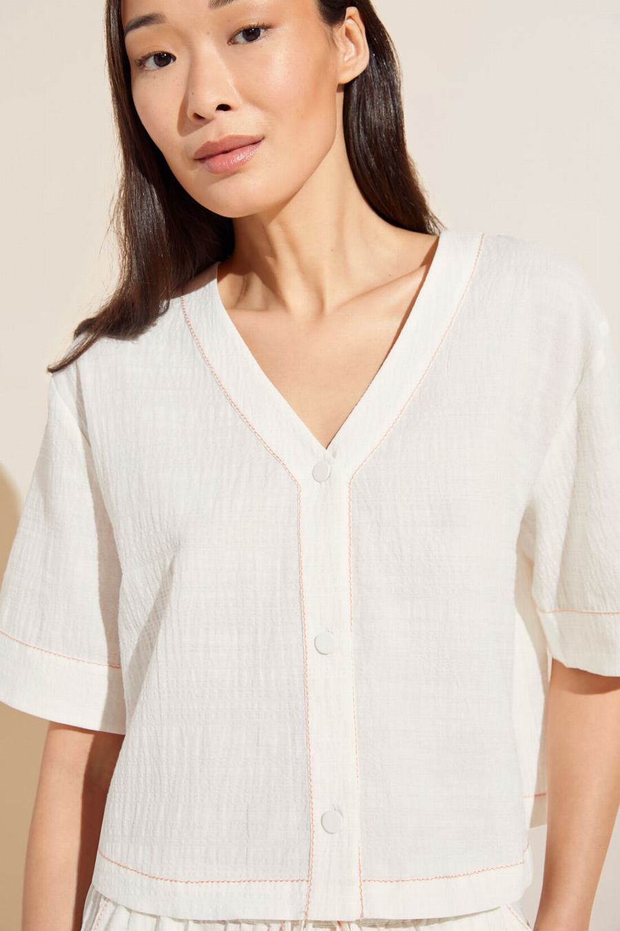 Eberjey Crinkle Woven Short Sleeve Top & Short Set Women Pajamas White | CLK3894IO