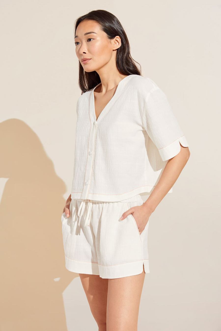 Eberjey Crinkle Woven Short Sleeve Top & Short Set Women Pajamas White | CLK3894IO