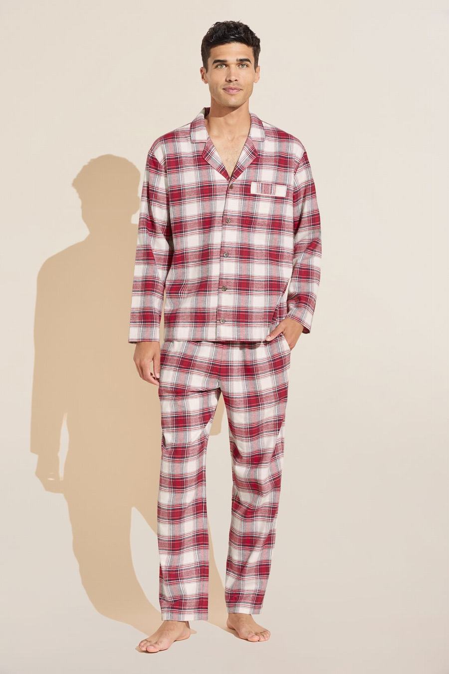 Eberjey Flannel Long PJ Set Men Pajamas Red White | OPO3444EJ