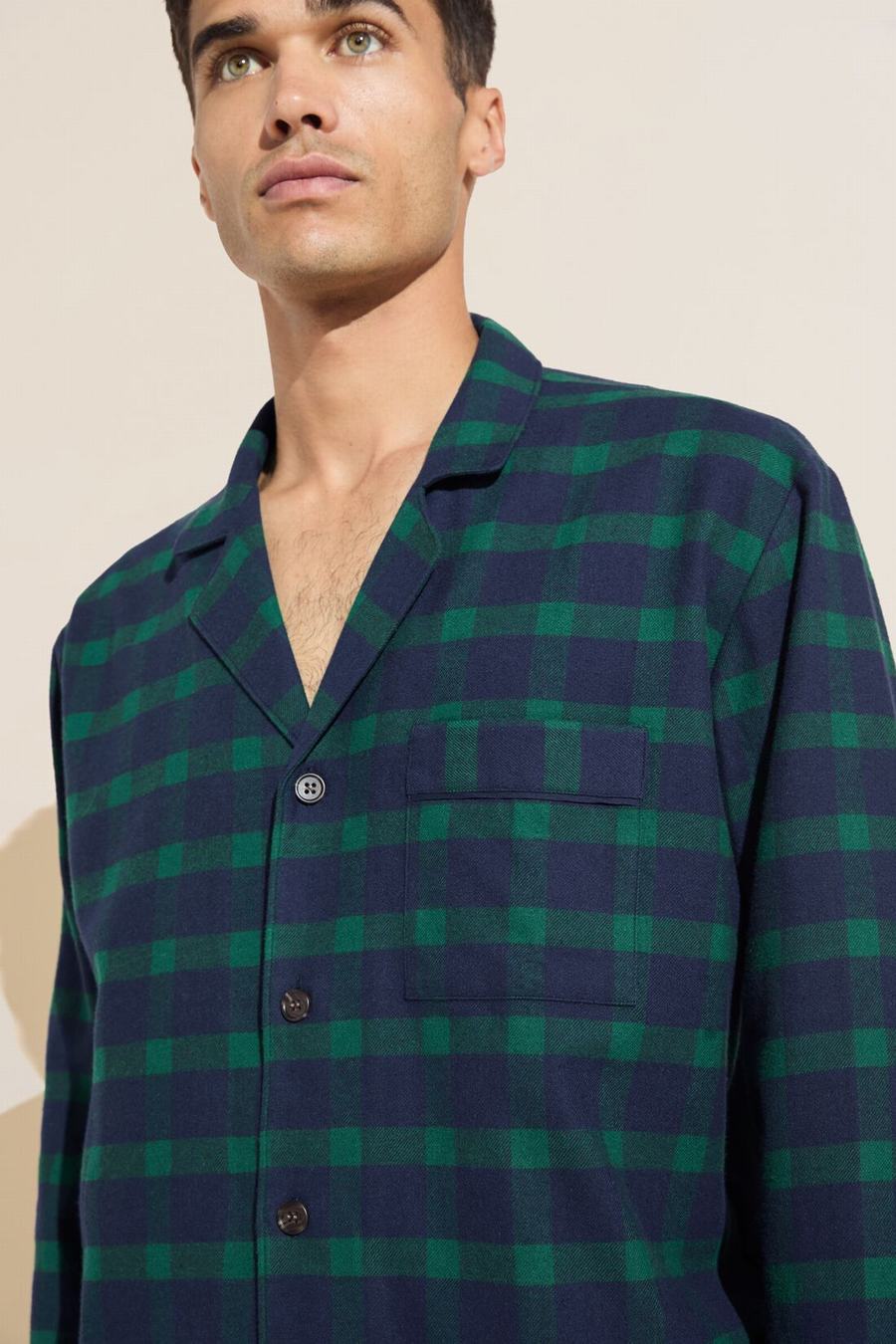 Eberjey Flannel Long PJ Set Men Pajamas Navy Green | IUG9299VP