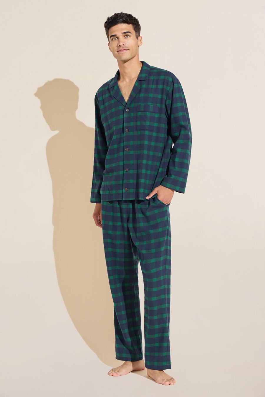 Eberjey Flannel Long PJ Set Men Pajamas Navy Green | IUG9299VP