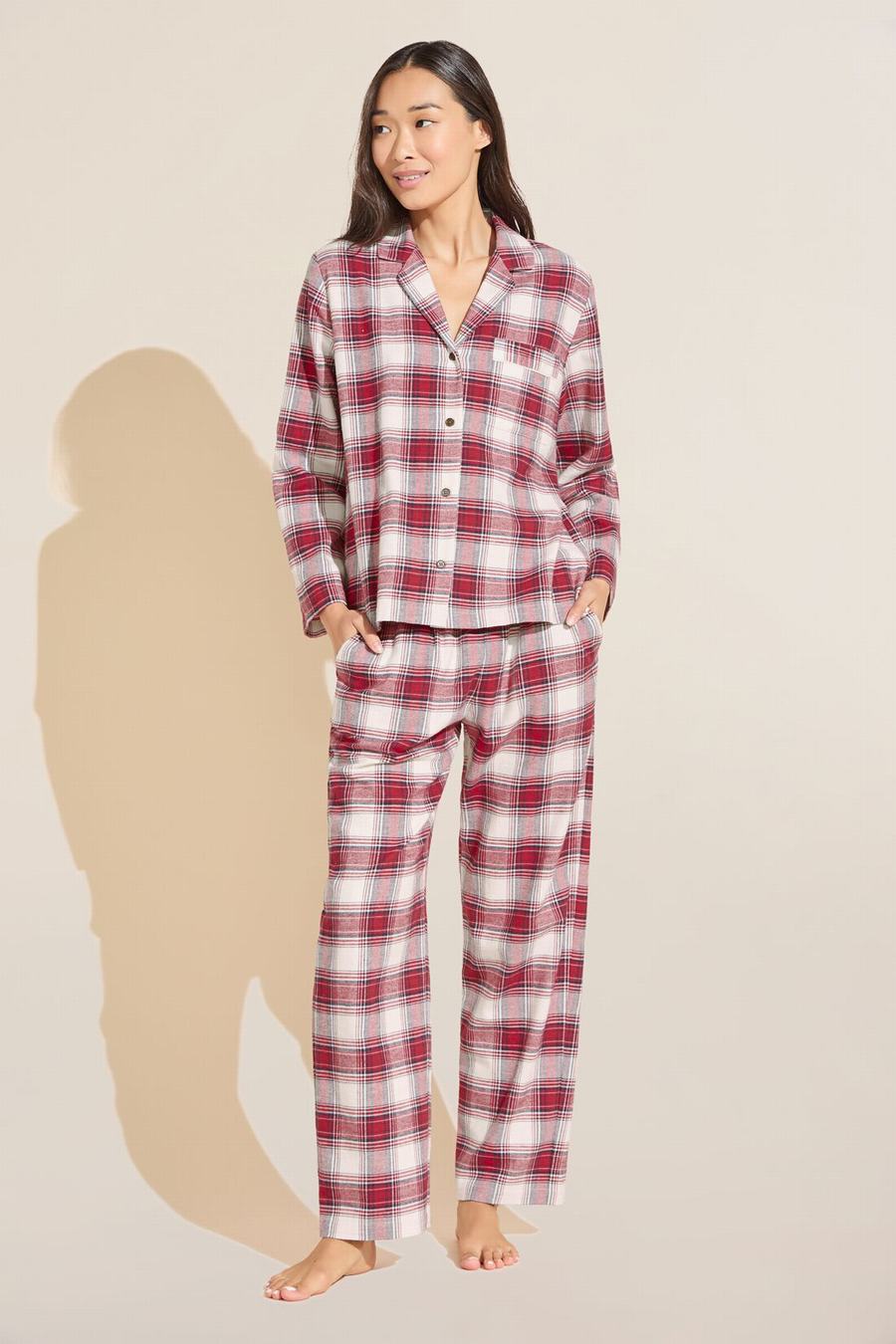 Eberjey Flannel Long PJ Set Women Pajamas Red White | JIP2559ML