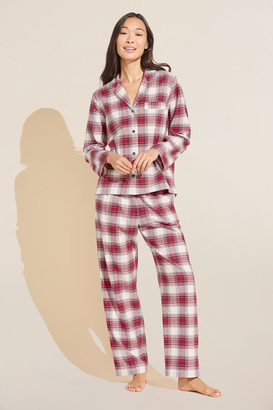 Eberjey Flannel Long PJ Set Women Pajamas Red White | JIP2559ML