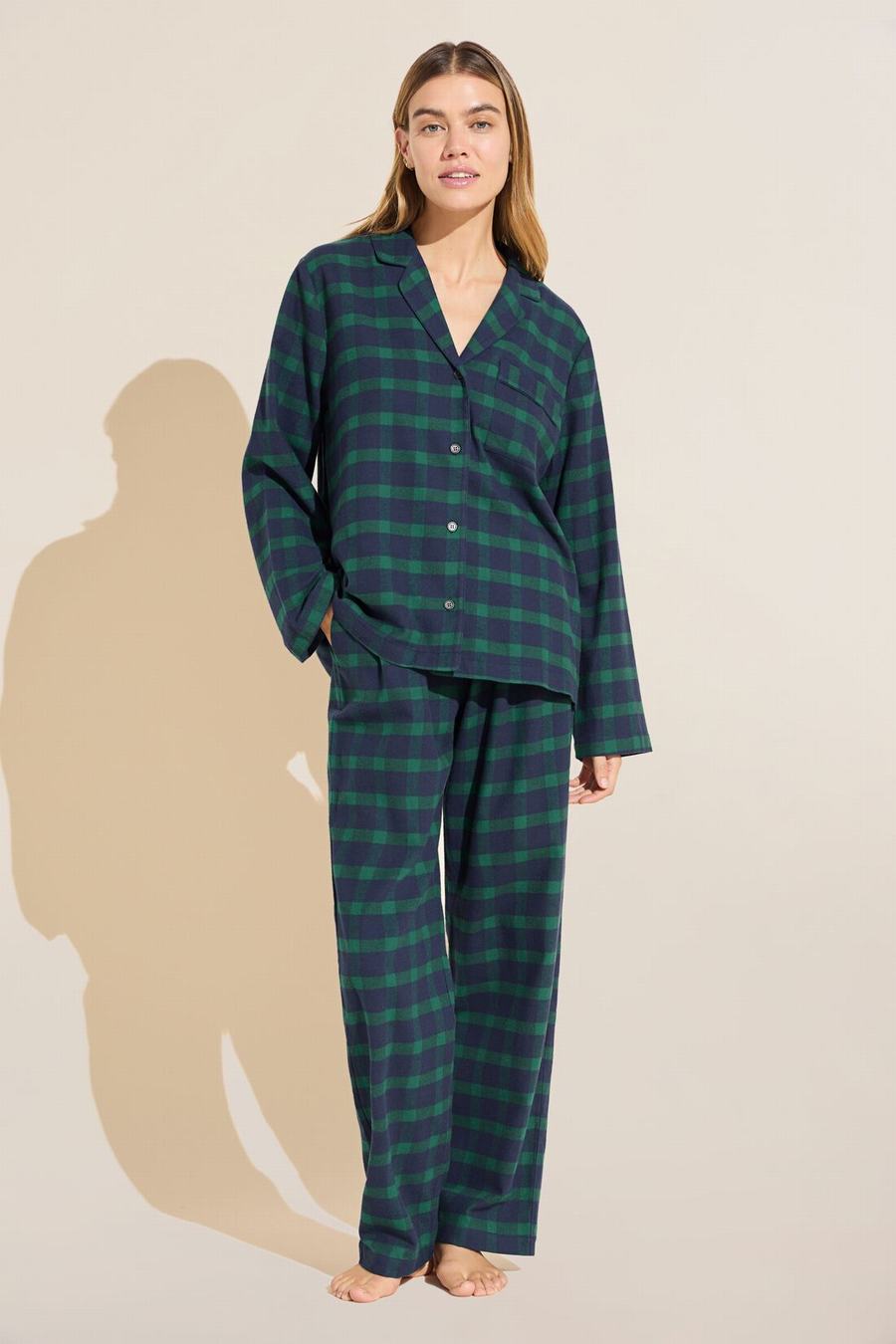 Eberjey Flannel Long PJ Set Women Pajamas Navy Green | HKX8551JT