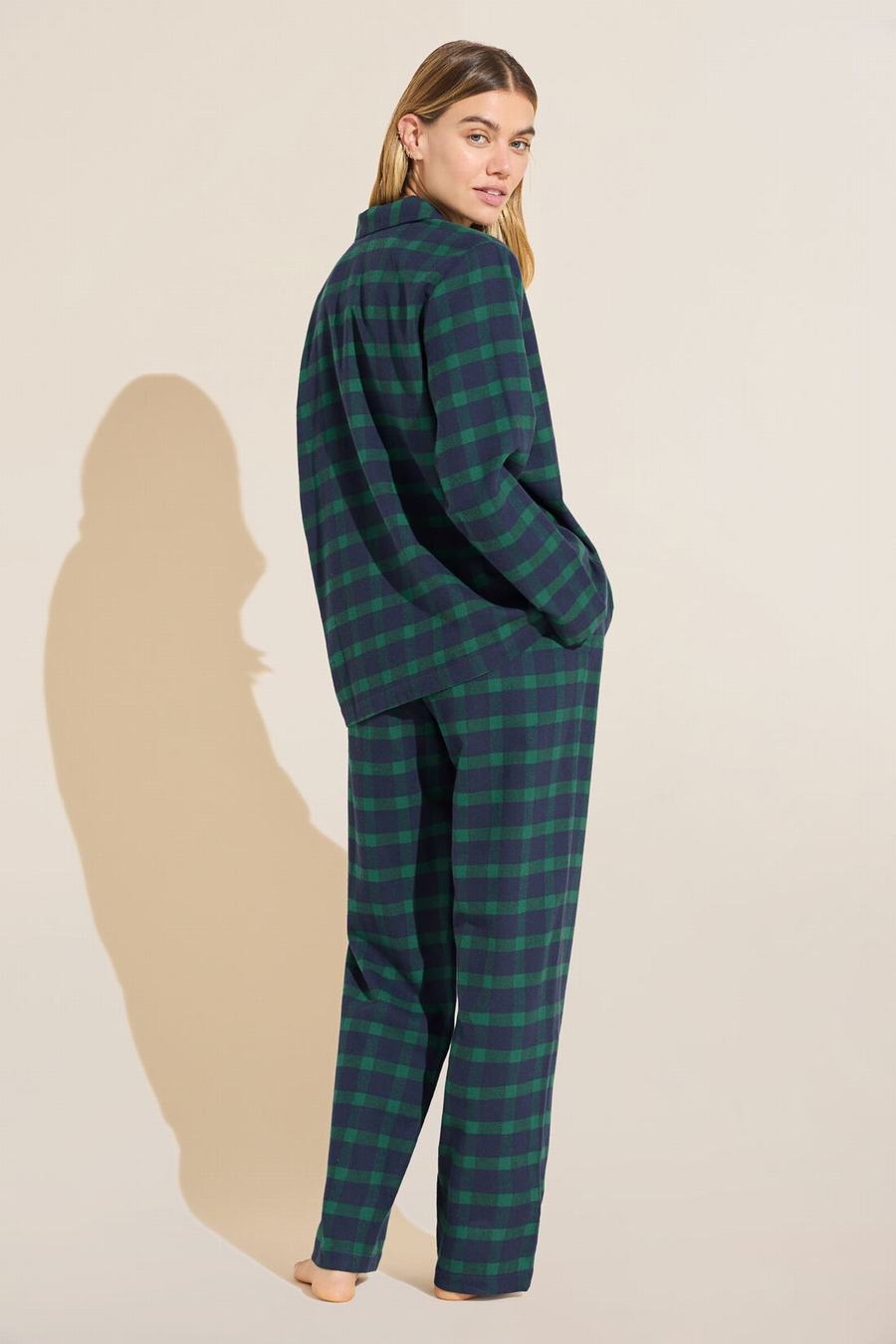 Eberjey Flannel Long PJ Set Women Pajamas Navy Green | HKX8551JT