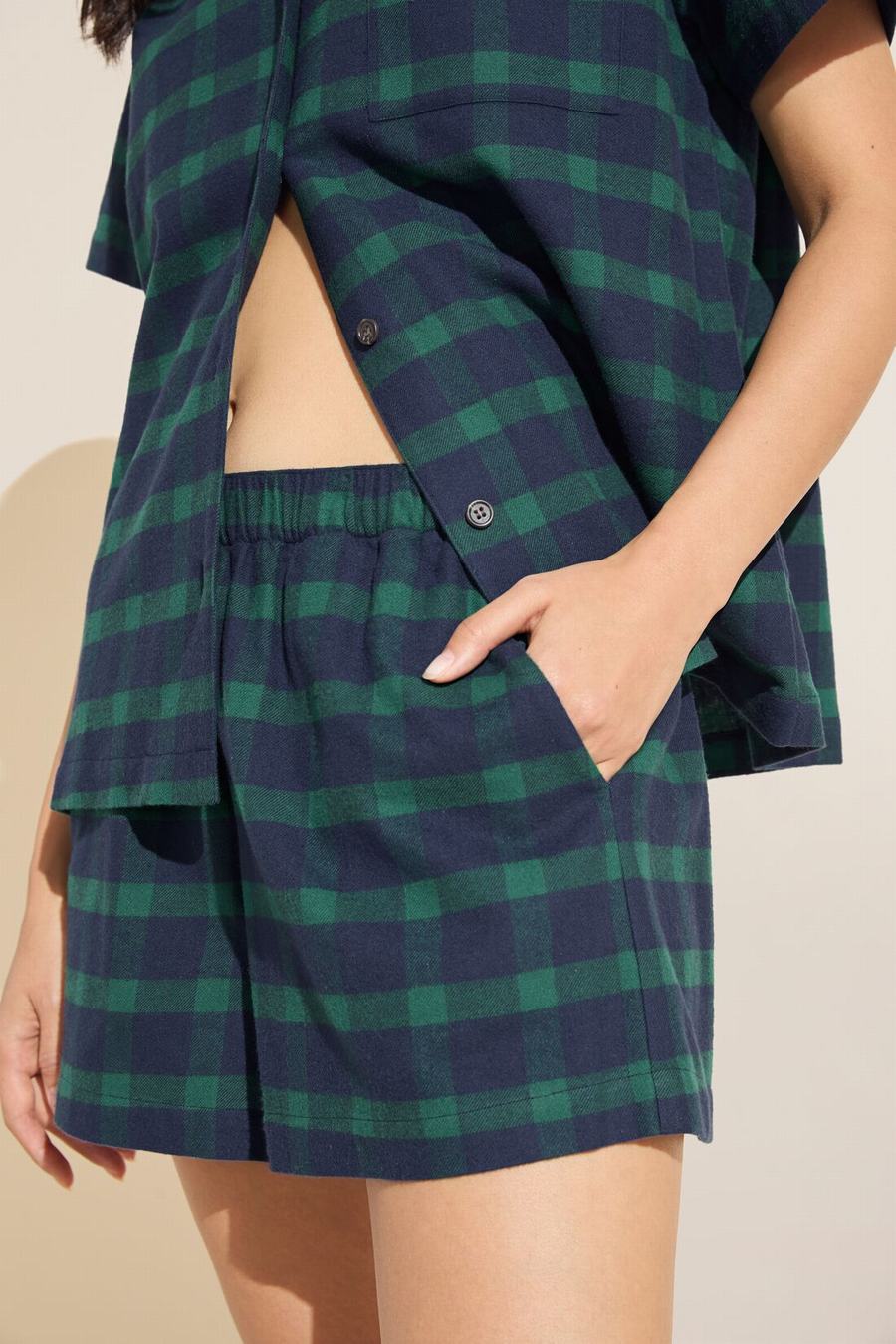 Eberjey Flannel Short PJ Set Women Pajamas Navy Green | NBH5995EV