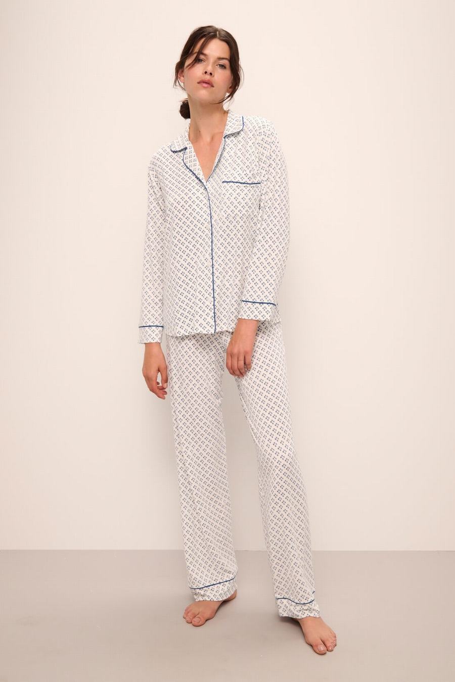 Eberjey Gisele Printed TENCEL™ Modal Long PJ Set Women Pajamas White Blue | UIE856TE