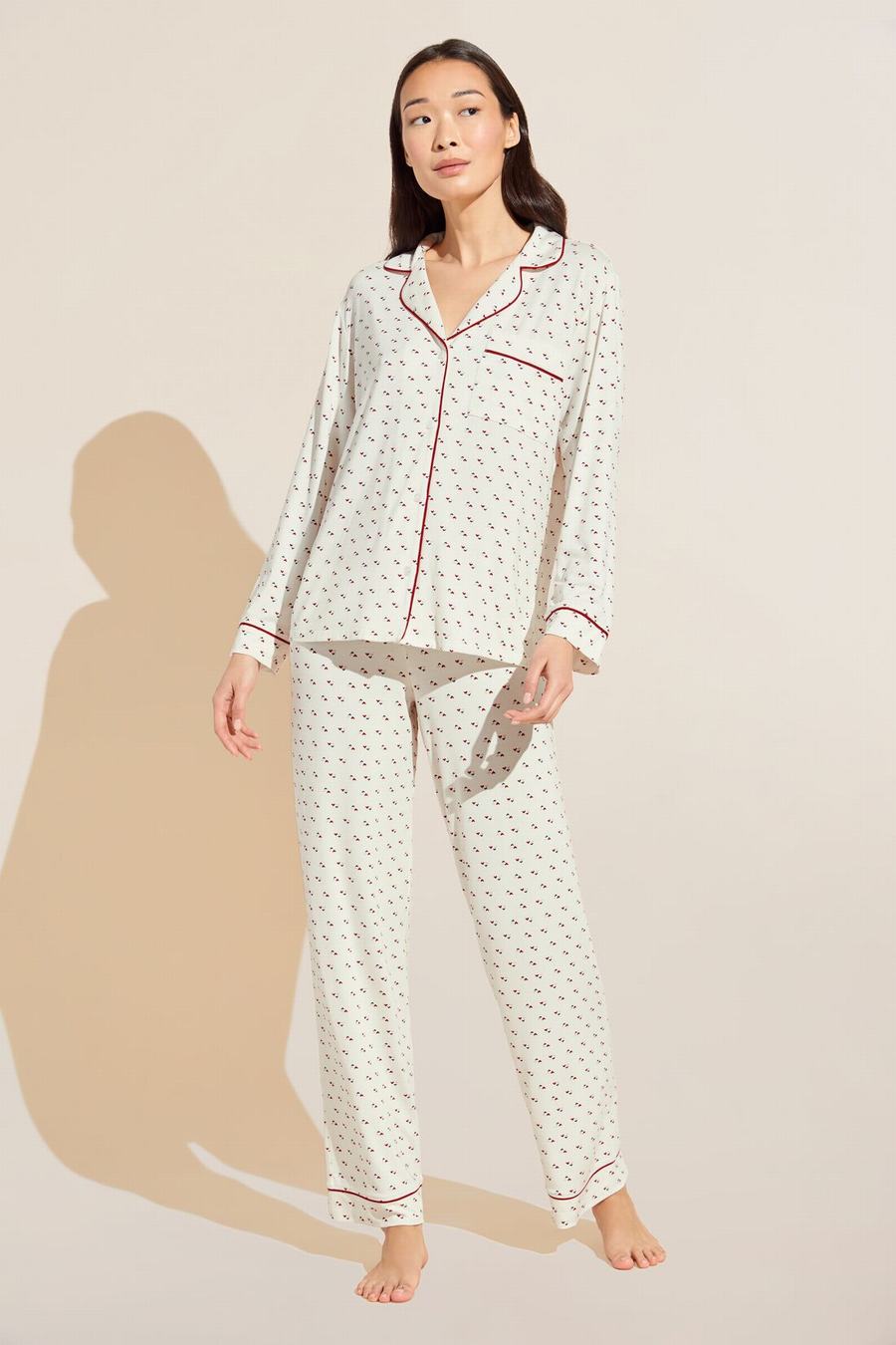 Eberjey Gisele Printed TENCEL Modal Long PJ Set Women Pajamas White Red | PWP1271FH