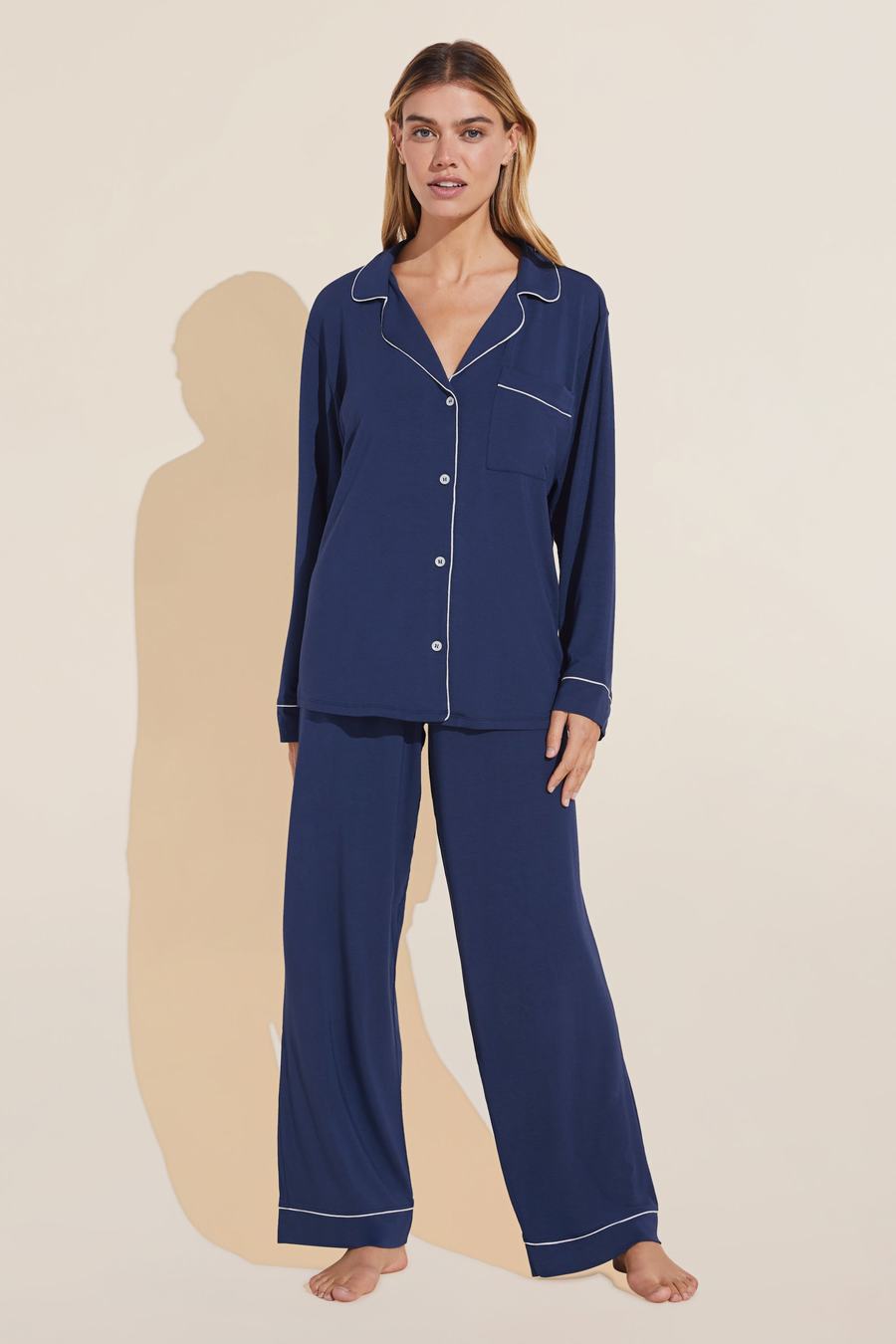 Eberjey Gisele TENCEL™ Modal Long PJ Set Women Pajamas Navy White | RDF3374AW