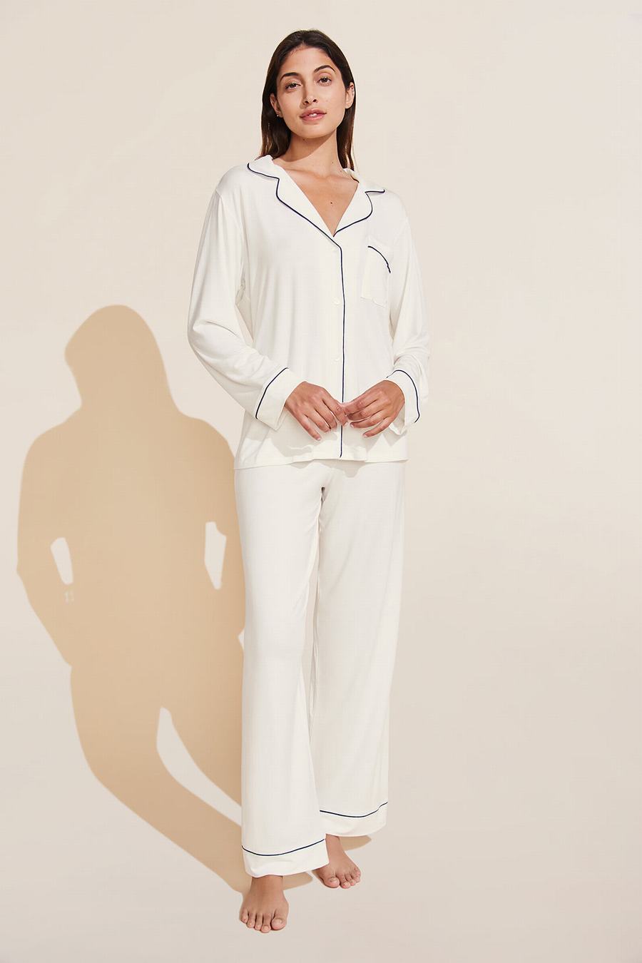 Eberjey Gisele TENCEL™ Modal Long PJ Set Women Pajamas White Navy | YPO9035PA