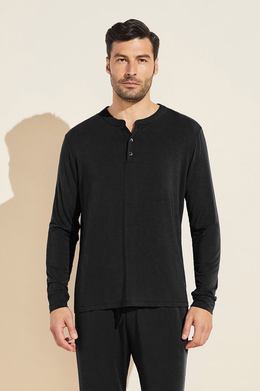 Eberjey Henry TENCEL™ Modal Long Sleeve Henley Men Tops Black | SQG5717UG