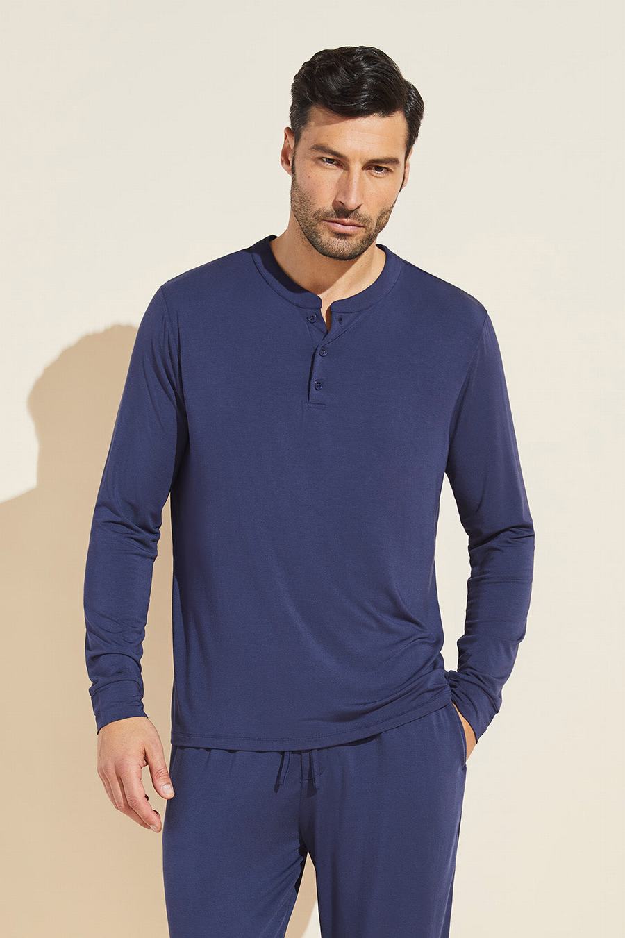 Eberjey Henry TENCEL™ Modal Long Sleeve Henley Men Tops Navy | AWC3792CV