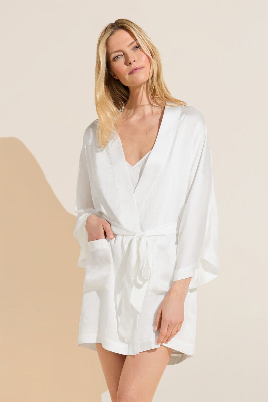 Eberjey Inez Textured Washable Silk Short Women Robe White | PTB5161KJ