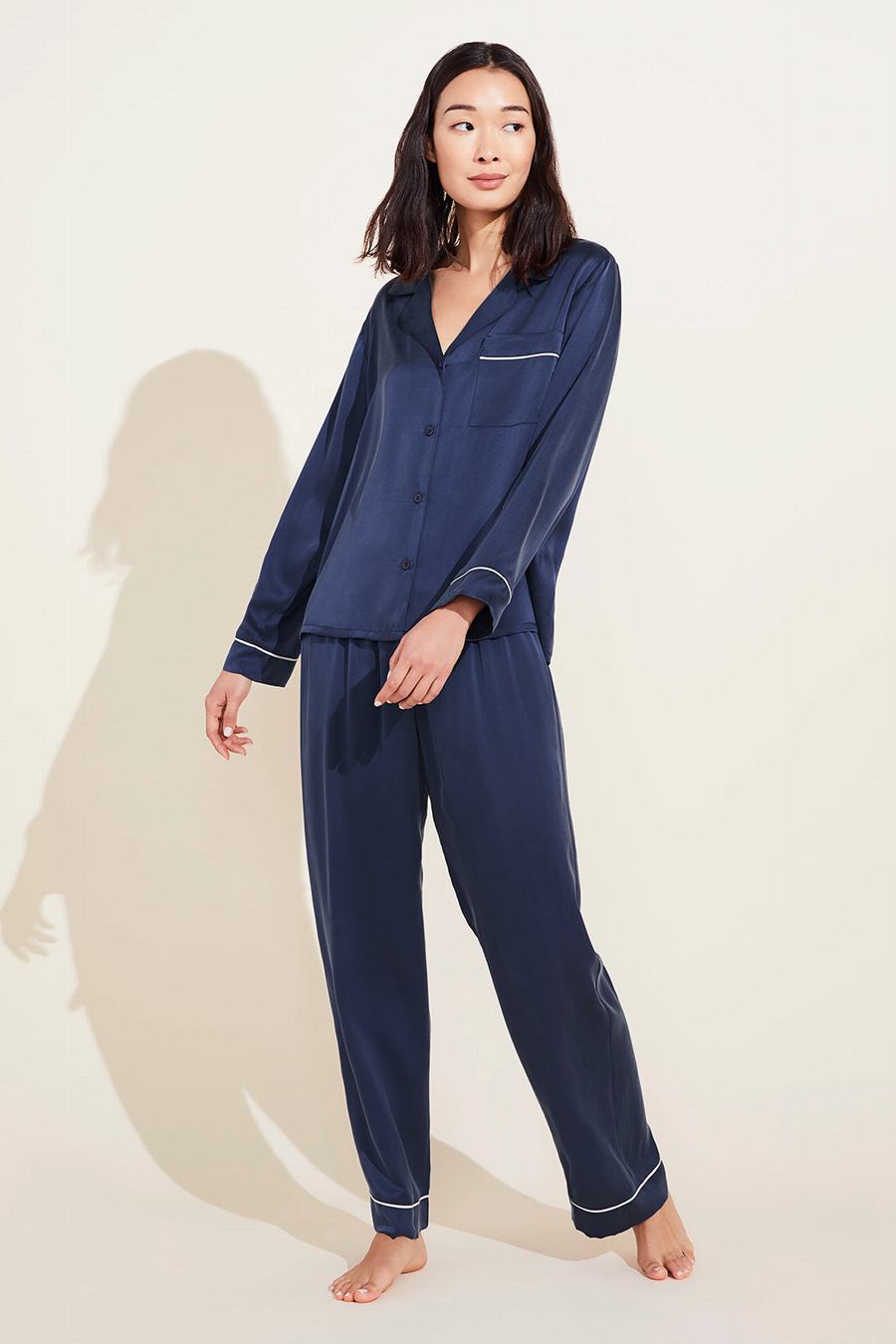 Eberjey Inez Washable Silk Long PJ Set Women Pajamas Navy | OVG5442VU