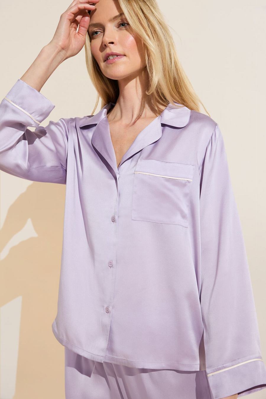 Eberjey Inez Washable Silk Long PJ Set Women Pajamas Purple White | OUT5745MJ