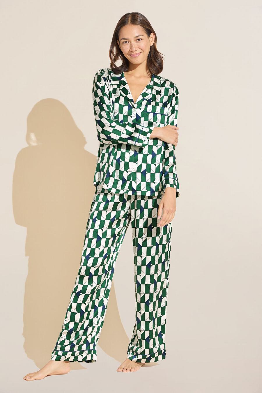 Eberjey Inez Washable Silk Printed Long PJ Set Women Pajamas Green Navy White | BQU6324SW