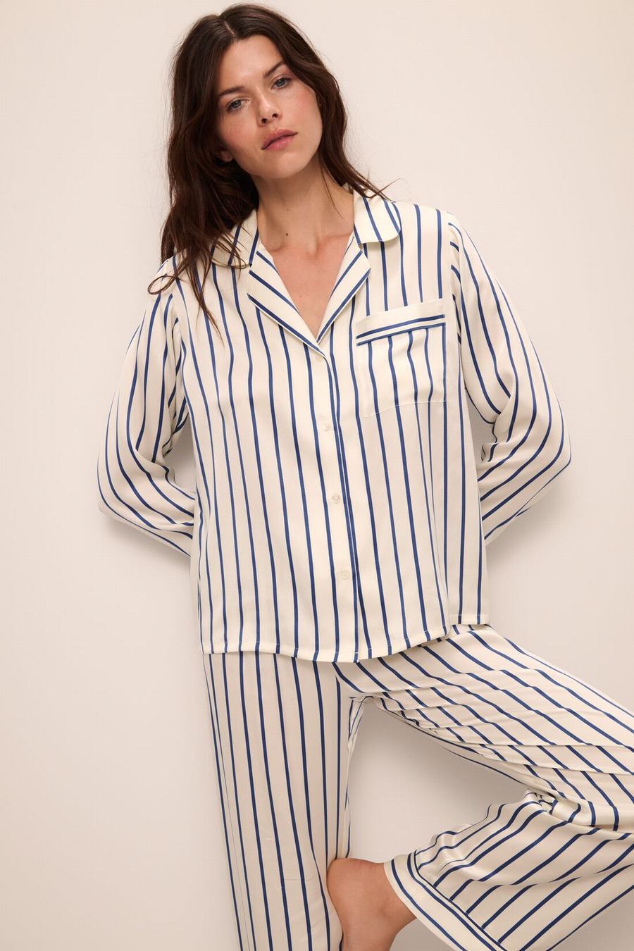 Eberjey Inez Washable Silk Printed Long PJ Set Women Pajamas White Blue | OER1830TD