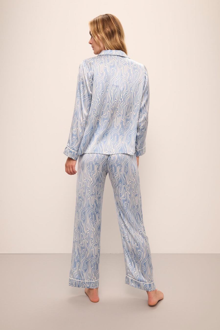 Eberjey Inez Washable Silk Printed Long PJ Set Women Pajamas Blue White | BWK8149ZO