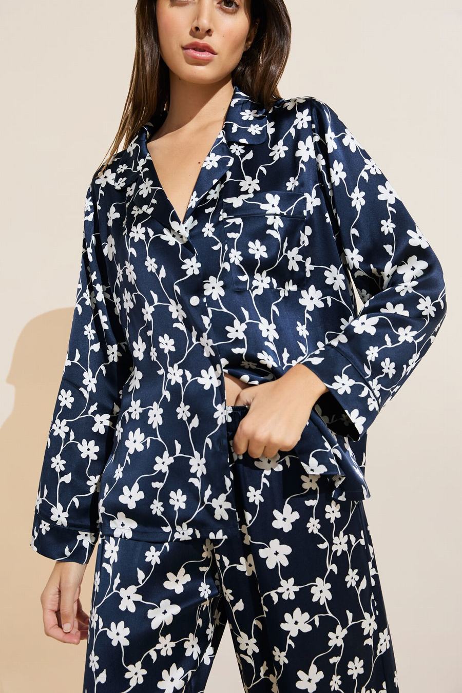 Eberjey Inez Washable Silk Printed Long PJ Set Women Pajamas Navy White | HWA10014PX