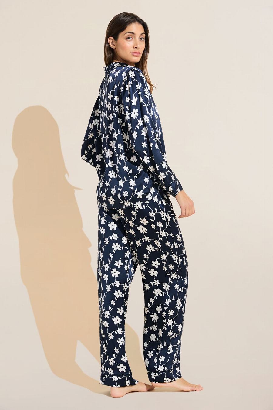 Eberjey Inez Washable Silk Printed Long PJ Set Women Pajamas Navy White | HWA10014PX