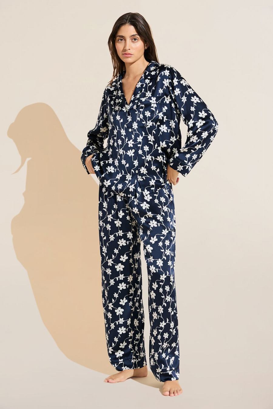 Eberjey Inez Washable Silk Printed Long PJ Set Women Pajamas Navy White | HWA10014PX