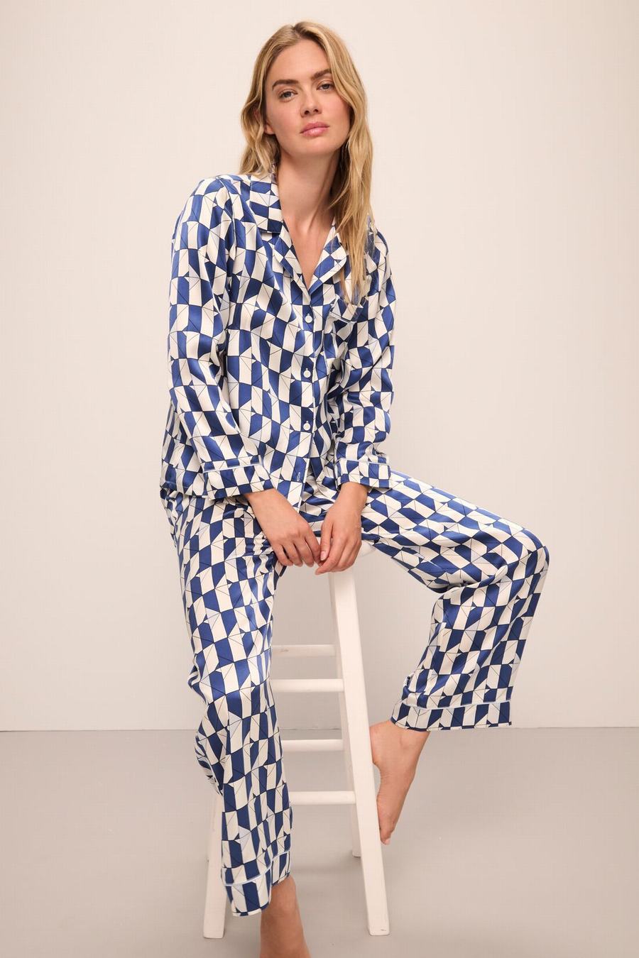 Eberjey Inez Washable Silk Printed Long PJ Set Women Pajamas Blue White | ITM205TH