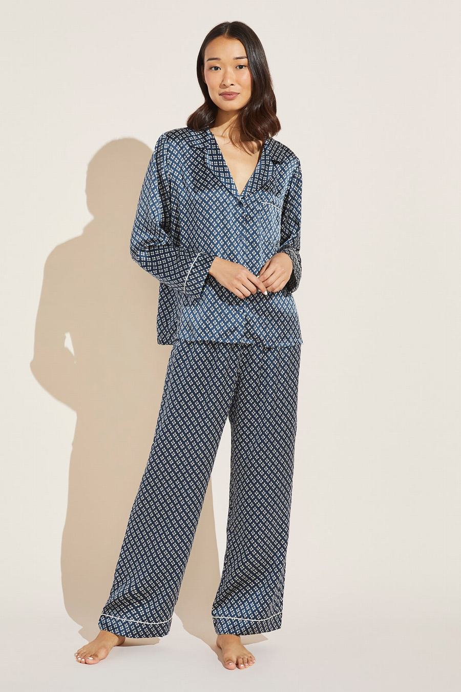 Eberjey Inez Washable Silk Printed Long PJ Set Women Pajamas Indigo Blue Beige | YFF5971WR