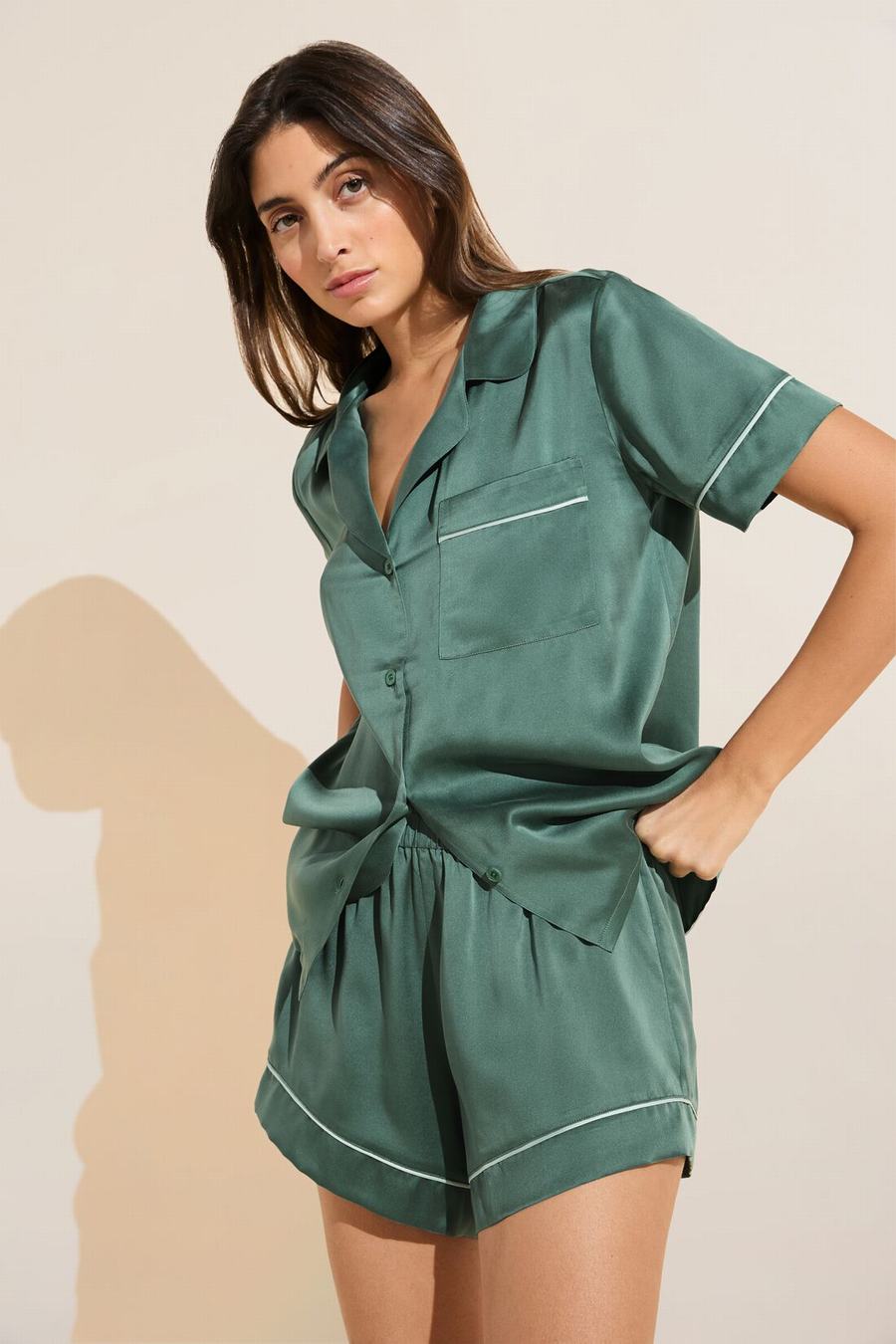 Eberjey Inez Washable Silk Short PJ Set Women Pajamas Dark Green | ZNH517UY