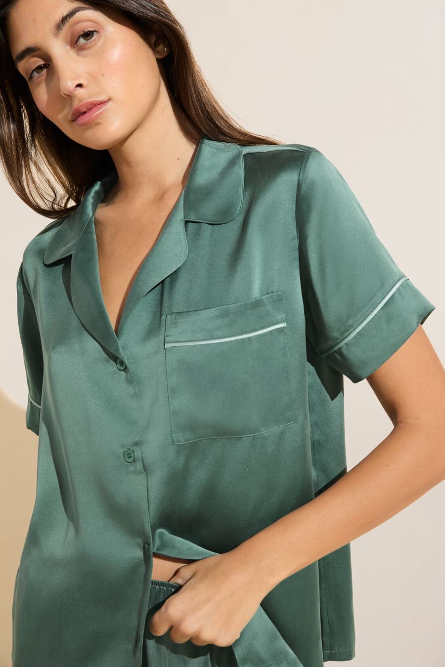 Eberjey Inez Washable Silk Short PJ Set Women Pajamas Dark Green | ZNH517UY