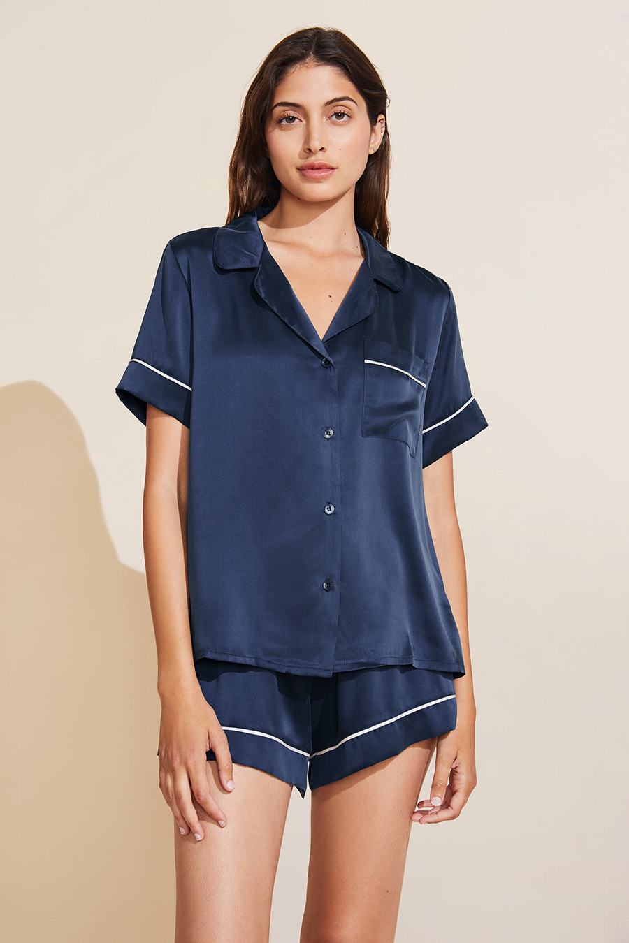 Eberjey Inez Washable Silk Short PJ Set Women Pajamas Navy | DNP7898WU