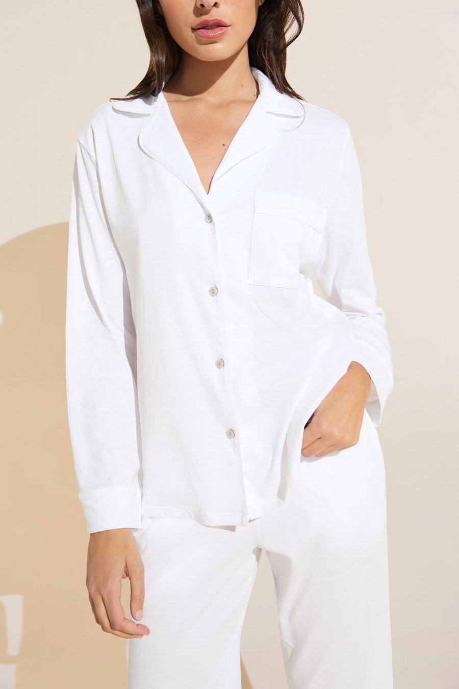 Eberjey Organic Pima Cotton Notch Collar Top & Pant PJ Set Women Pajamas White | BIT6639OT